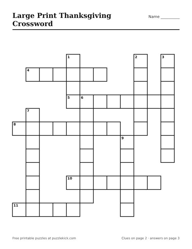 Printable Large Print Thanksgiving Crossword PDF preview with big squares and large clues