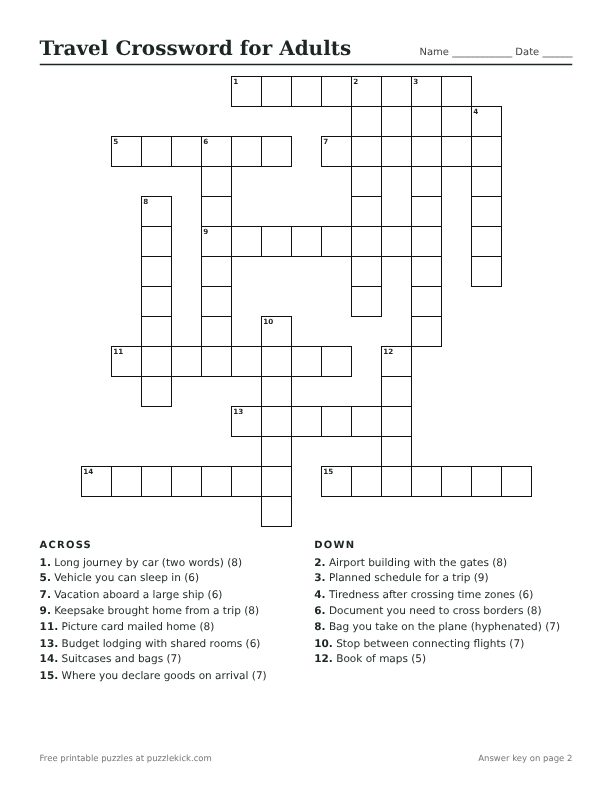 Printable Travel Crossword for Adults PDF preview with grid and clues