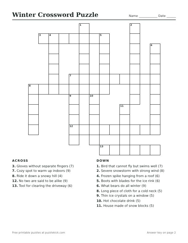 Printable Winter Crossword Puzzle PDF preview with grid and clues
